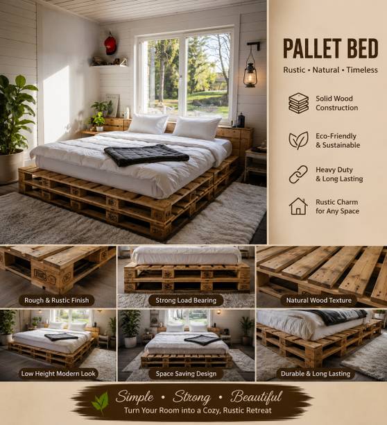 Knowk knock Beautiful Nordic 4×6 ft Pine Wood Pallet Bed Rustic Modern Wooden Furniture Solid Wood Double Bed, 183 cm x 122 cm (6.0 ft x 4.0 ft)