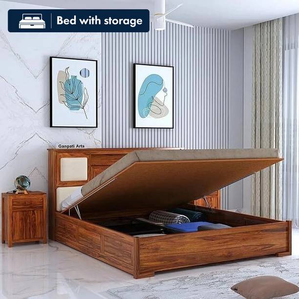 Ganpati Arts Sheesham Wood Maharaja Bed for Bedroom/Wooden Cot/Palaung With Hydraulic Storage Solid Wood King Hydraulic Bed, 218.44 cm x 187.96 cm (7.17 ft x 6.17 ft)
