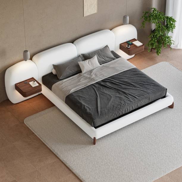 NG Decor Curva King Size Boucle Bed with Headboard & Floating Smart Nightstand Set Engineered Wood King Drawer Bed