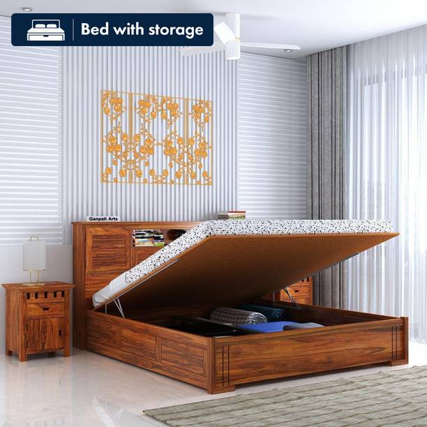 Ganpati Arts Sheesham Wood Maharaja Groove Bed/Cot/Palaung With Hydraulic Storage For Home Solid Wood King Hydraulic Bed, 218 cm x 187 cm (7.15 ft x 6.14 ft)