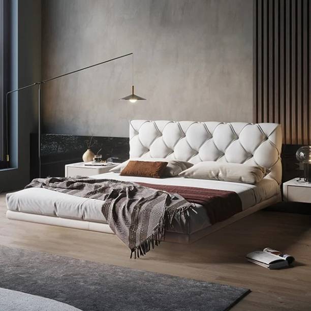 NG Decor Modern White Velvet King Floating Wingback Bed with Storage & Light Engineered Wood King NA Bed