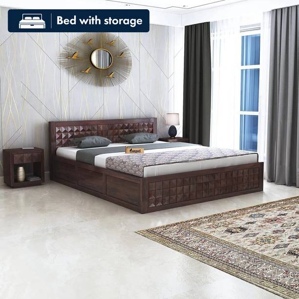 Ganpati Arts Sheesham Wood Oslo Bed For Bedroom/Hotel/Wooden Cot/Bed With Box Storage Solid Wood King Box Bed, 209 cm x 188 cm (6.86 ft x 6.17 ft)