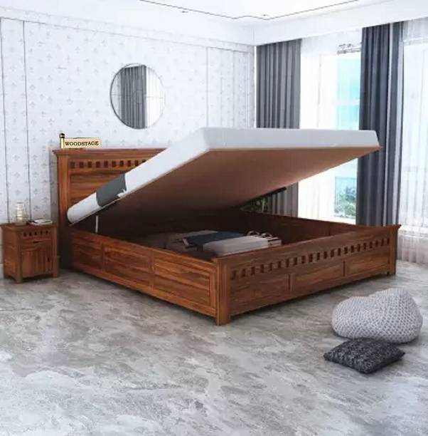 WOODSTAGE Solid Sheesham Wood Queen Size Bed with Hydraulic Storage for Bedroom/Home Solid Wood Queen Hydraulic Bed