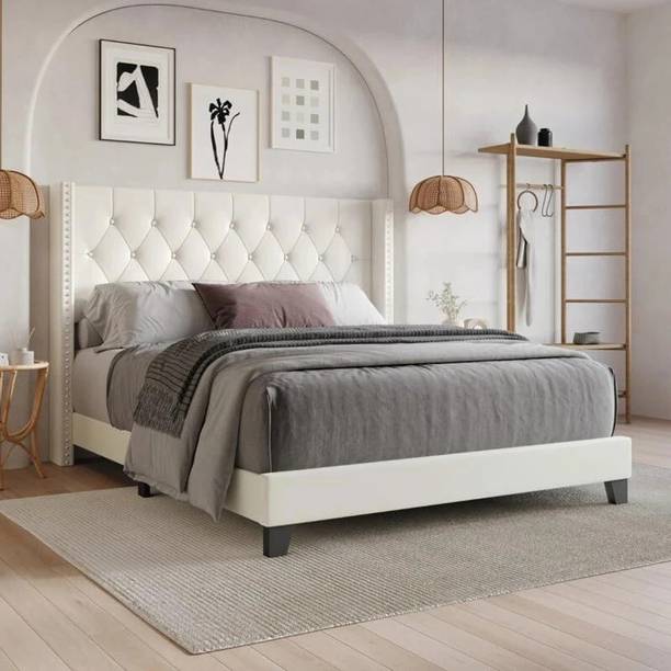 Klenta Home Decor Fabric Upholstered Queen Size Bed With Button Tufted Headboard For Bedroom || Solid Wood Queen Bed
