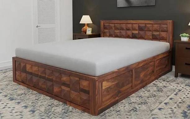 WOODSTAGE Solid Sheesham Wood Queen-Size Bed with Hydraulic Storage for Bedroom Solid Wood Queen Hydraulic Bed
