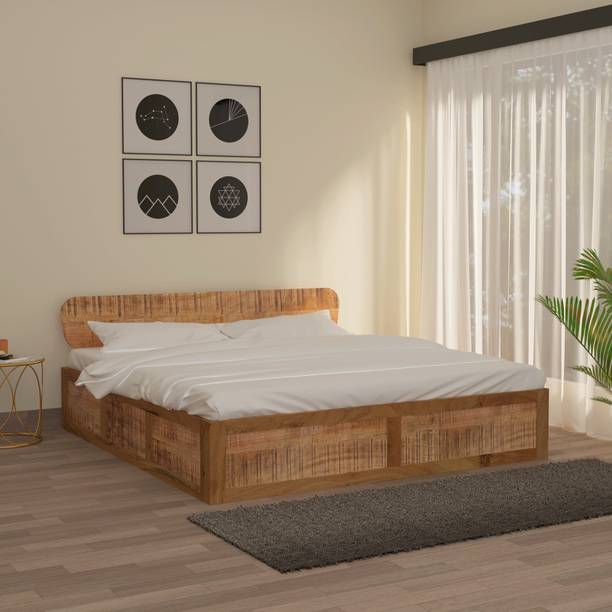 Wakeup India Serenity Mango & Acacia wood with Storage Bed with Round Headboard | 78x72 Inch Solid Wood King Box Bed