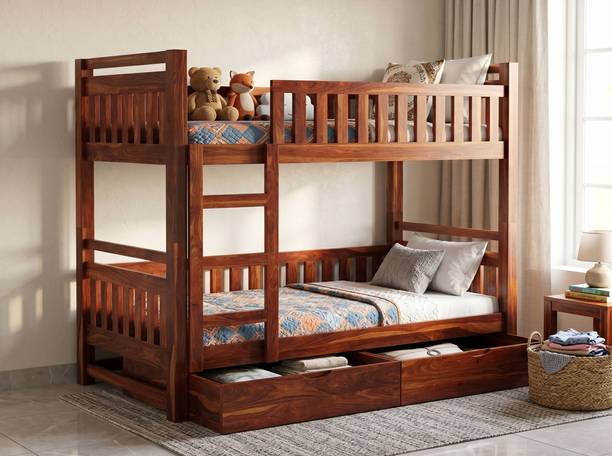 Suncrown Furniture Sheesham Wood Bunk Bed with Storage | Twin Over Bed with Ladder | For Kids | Solid Wood Single Drawer Bed, 208 cm x 99 cm (6.82 ft x 3.25 ft)