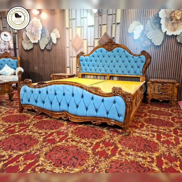 impression art store Teak Wood King Size Bed | with Side Table and Storage Box | Upholstered Solid Wood King Box Bed, 182.88 cm x 121.92 cm (6.0 ft x 4.0 ft)