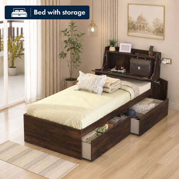 Studio Kook Tribe Right with Headboard storage Engineered Wood Single Drawer Bed, 225 cm x 98.4 cm (7.38 ft x 3.23 ft)
