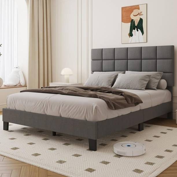 Carftjar Fabric Queen Size Bed With Box Design Headboard For Bedroom/ Kids Room/ Hotel || Engineered Wood Queen Bed