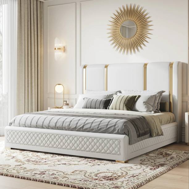 NG Decor Modern White Velvet King Floating Wingback Bed with Storage & Light Engineered Wood King NA Bed, 80 cm x 130 cm (2.62 ft x 4.27 ft)