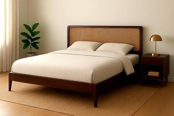 ISHIKAFURNITURE Axiom Handwoven Cane Headboard, Durable 12mm Plywood Base Solid Wood King Bed, 208 cm x 198 cm (6.82 ft x 6.5 ft)