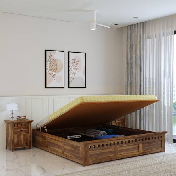 Ganpati Arts Sheesham Wood Armania Queen Bed/Wooden Cot/Wooden Bed With Storage For Home Solid Wood Queen Hydraulic Bed