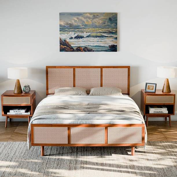 ISHIKAFURNITURE SleepPro Handcrafted Rattan Cane Webbing Headboard Solid Wood King Bed, 208 cm x 190 cm (6.82 ft x 6.23 ft)