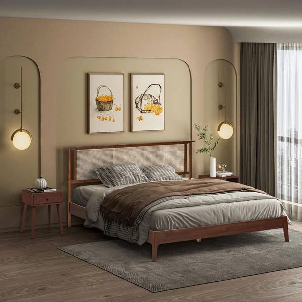ISHIKAFURNITURE Veltrix Modern Bohemian Platform Bed Frame with Rattan Cane Webbing Headboard Solid Wood Queen Bed, 208 cm x 169 cm (6.82 ft x 5.54 ft)