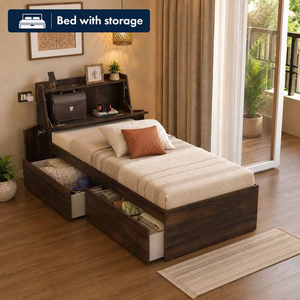 Studio Kook Tribe Left with Headboard storage Engineered Wood Single Drawer Bed, 225 cm x 98.4 cm (7.38 ft x 3.23 ft)