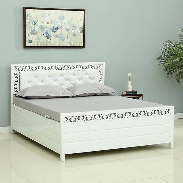 Zkazaa White Quentin ( 6X5 ) Metal bed with hydraulc storage Metal Double Box, Hydraulic Bed