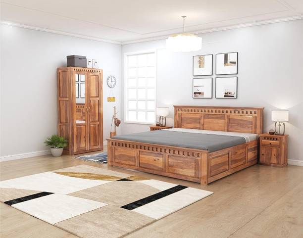 SONA ART & CRAFTS Kuber Box Storage King Bed, Wardrobe, & Bedside Tables Solid Wood King Bed, 208.28 cm x 190.5 cm (6.83 ft x 6.25 ft)