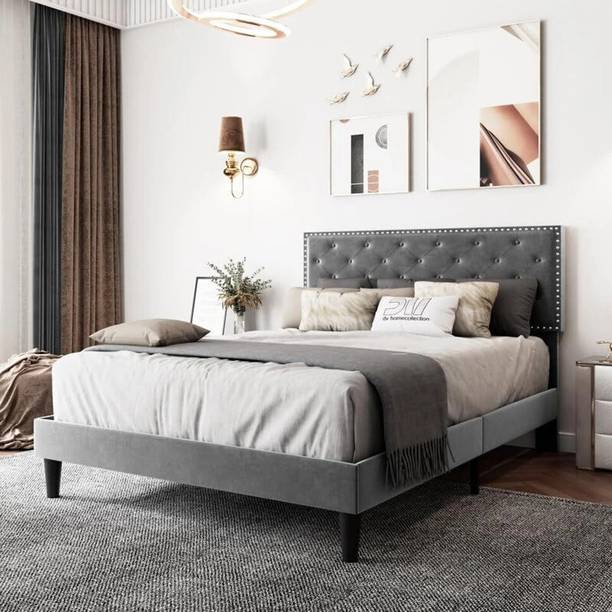 Klenta Home Decor Fabric Upholstered Queen Size Bed With Button Tufted Headboard For Bedroom || Solid Wood Queen Bed