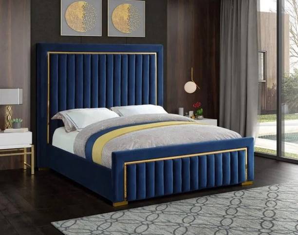 HighTable Gold trim high headboard velvet upholstery king bed Solid Wood Double Box Bed