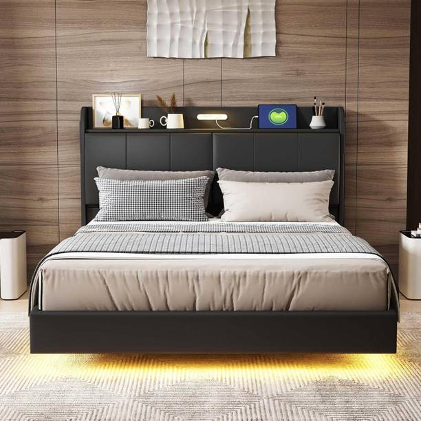 HighTable Queen Size Floating Bed Frame with Storage Solid Wood Double Box Bed