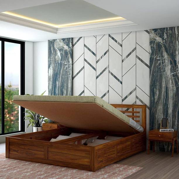 Ganpati Arts Sheesham Wood Lyon King Size Bed with Hydraulic Storage for Bedroom Solid Wood King Hydraulic Bed