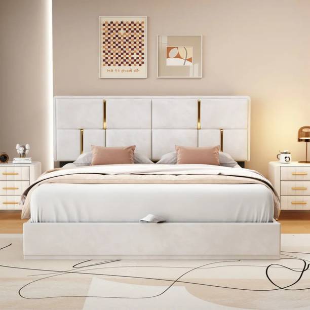 HighTable Modern White Platform Storage Bed with Tall Upholstered Headboard & LiftUp Frame Solid Wood Double Box Bed