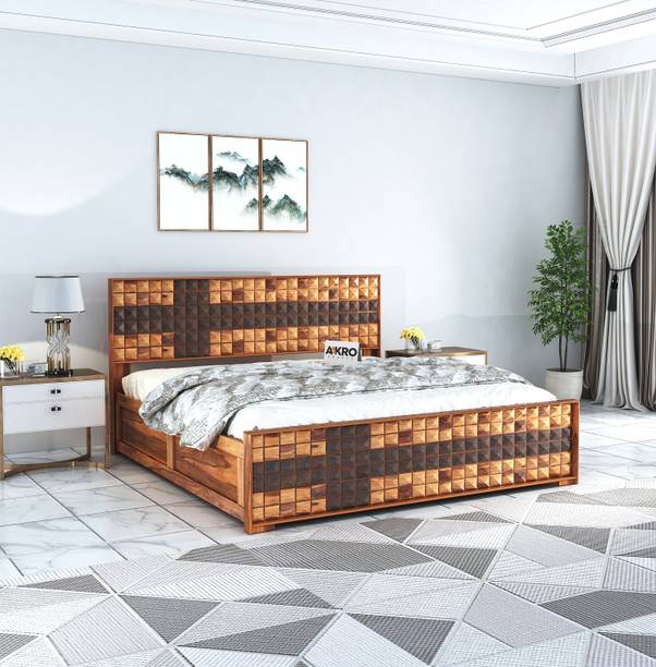 AakroCrafts Sheesham Wood Queen Size Bed with Box Storage, Solid Wood Cot Palang For Bedroom Solid Wood Queen Box Bed, 165.1 cm x 210.82 cm (5.42 ft x 6.92 ft)