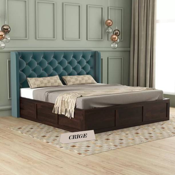 CRIGE Solid Wood Queen Size Bed With Fabric Headboard And Box Storage For Bedroom Solid Wood Queen Box Bed