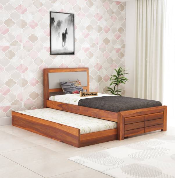 WOODSTAGE Sheesham Wood Single Size Euro Trundle Bed with 1 Extra Pullout Wooden Bed Solid Wood Single Bed