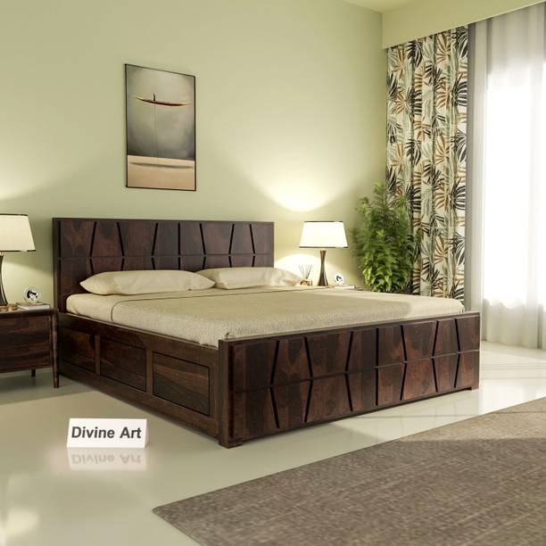 DOKRI Sheesham Wood Triangle Queen Size Bed with Box Storage for Bedroom Solid Wood Queen Box Bed