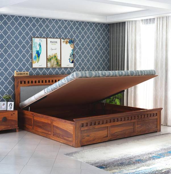 SAVITRIDECOR Solid Wood Bed/Cot Bed/Palang For Bedroom/Home/Hotel Solid Wood Queen Hydraulic Bed