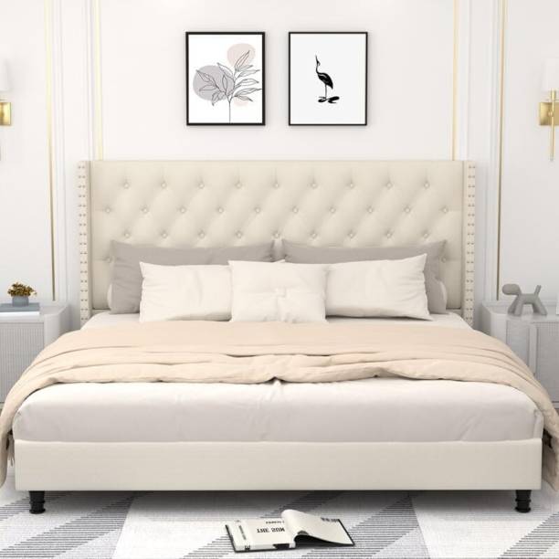 THE PORTO Fabric Queen Size Bed With Button Tufted & Diamond Line Headboard For Bedroom || Engineered Wood Queen Bed