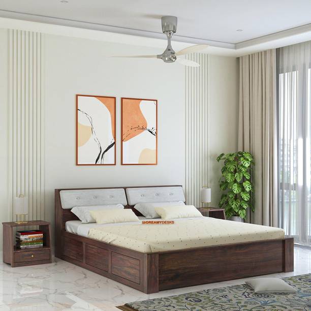 Dreamydesks Solid Sheesham Wood Queen Size Bed with Headboard Box Storage Solid Wood Queen Box Bed
