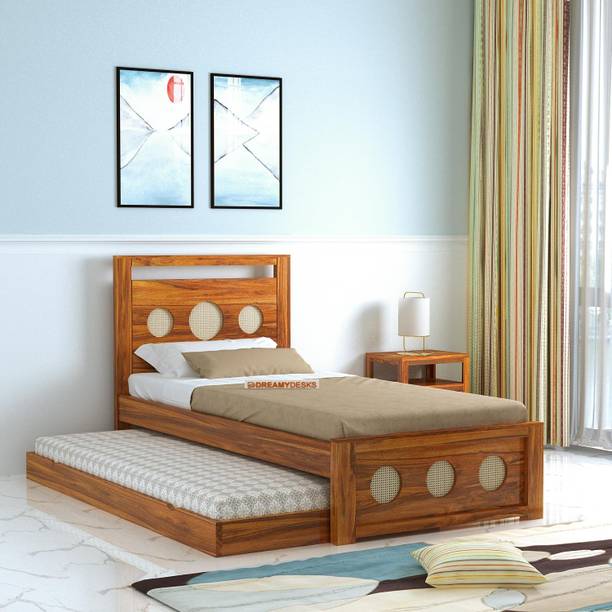 Dreamydesks Sheesham Wood Single Size Trundle Bed with 1 Extra Pullout Bed Solid Wood Single Bed, 206 cm x 99 cm (6.76 ft x 3.25 ft)