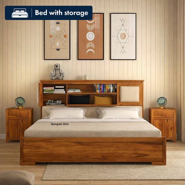 Ganpati Arts Sheesham Wood Maharaja Bed For Bedroom/Wooden Cot/Bed With Box Storage For Home Solid Wood Queen Box Bed, 218.44 cm x 157.48 cm (7.17 ft x 5.17 ft)