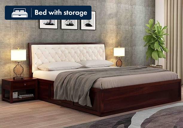 WOODSTAGE Sheesham Wood Queen Size Bed with Box Storage (Walnut Finish, Beige) Solid Wood Queen Box Bed, 152.4 cm x 208.28 cm (5.0 ft x 6.83 ft)