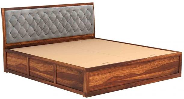 DITHA Furniture Solid Sheesham Wood King Size Bed With Fabric Headboard For Bedroom. Solid Wood King Box Bed