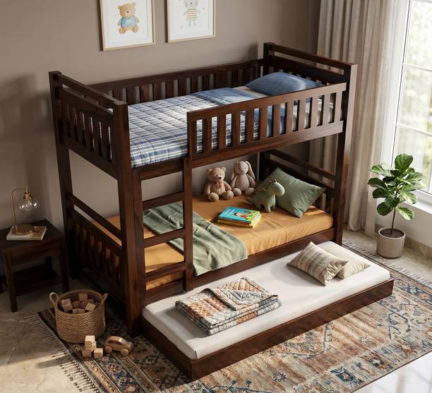 Suncrown Furniture Sheesham Wood Bunk Bed with Pull-Out Trundle Bed & Ladder | For Kids & Adults | Solid Wood Single Bed, 208 cm x 99 cm (6.82 ft x 3.25 ft)