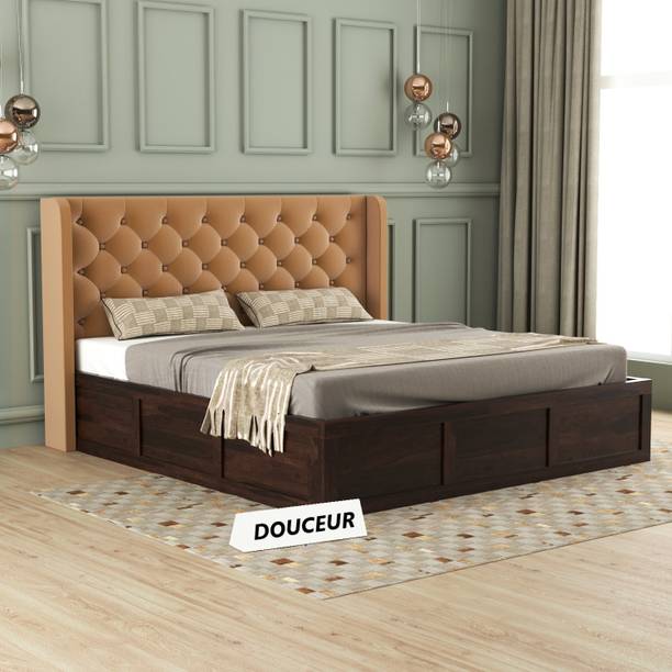 Douceur Furnitures Solid Wood Queen Size Bed With Fabric Headboard And Box Storage Solid Wood Queen Box Bed