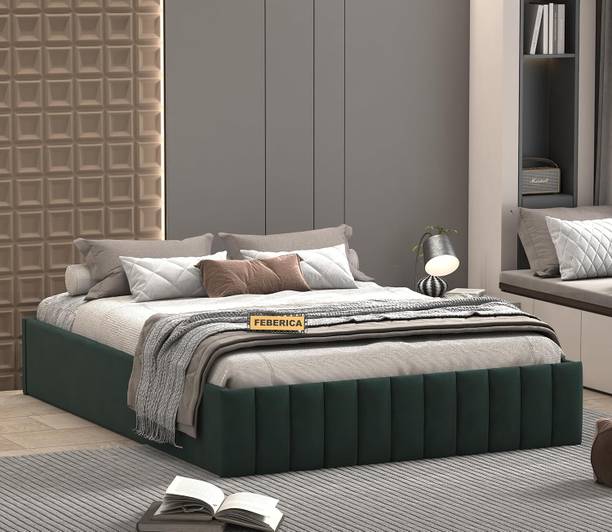 FEBERICA Queen Size Upholstered Bed Platform Modern Fabric Frame with Low Profile Design Engineered Wood Queen Box Bed, 205.74 cm x 152.4 cm (6.75 ft x 5.0 ft)