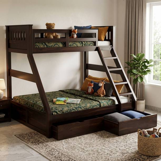 Suncrown Furniture Sheesham Wood Queen Bunk Bed with Drawer Storage | Twin Over Bed with Ladder | Solid Wood Queen Drawer Bed, 165 cm x 207.26 cm (5.41 ft x 6.8 ft)