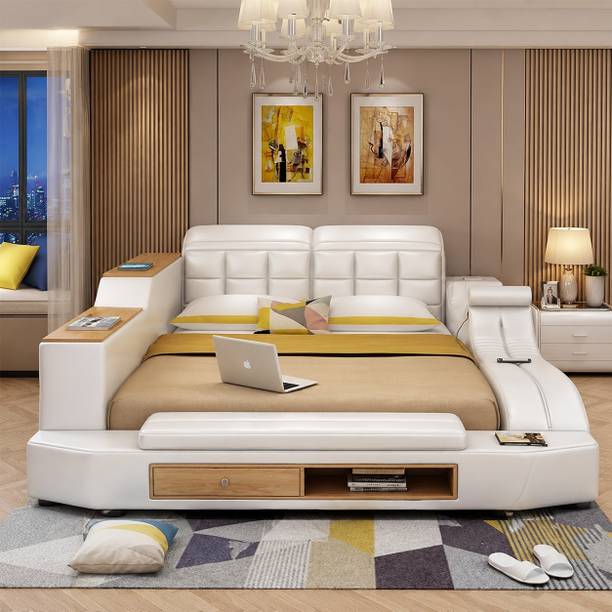 EVGOR MULTI FUNCTIONAL SMART BED WITH BODY MASSAGER MUSIC SYSTEM Etc SUEDE FABRIC Solid Wood King Box, Drawer, Hydraulic Bed, 183 cm x 183 cm (6.0 ft x 6.0 ft)