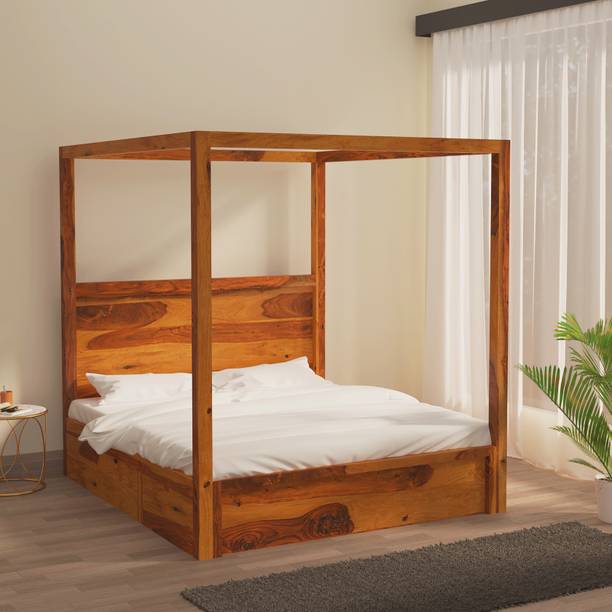 Wakeup India Canopy Sheesham Wood Poster Bed with Storage Solid Wood King Drawer Bed