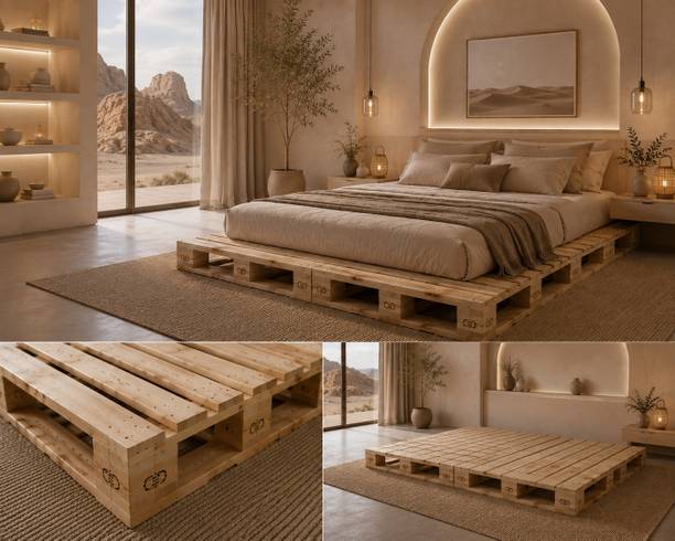 Wakeflow Elegant pallet platform 4x3 designed luxury, comfort,natural aesthetic bedroom Engineered Wood Double Bed, 122 cm x 92 cm (4.0 ft x 3.02 ft)