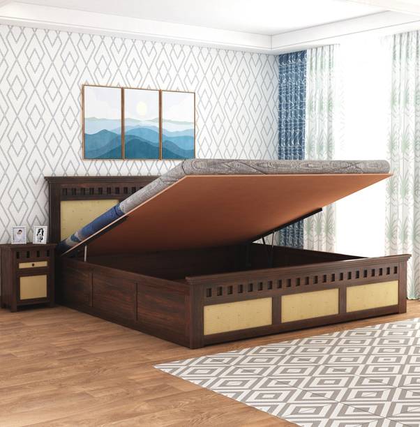GOYALINTERIOR Sheesham Wood King Bed/Wooden Bed/Palaung With Hydraulic Storage For Home Solid Wood King Hydraulic Bed