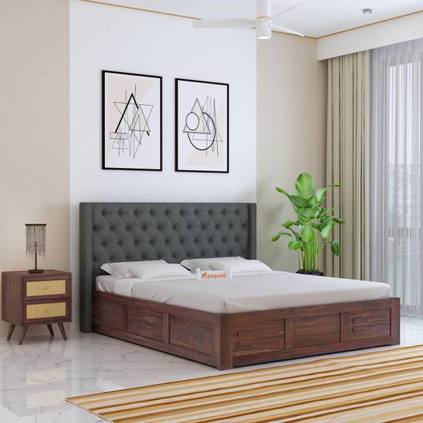 Ganpati Arts Wooden Swiss Upholstered Queen Bed/Upholstered Solid Wood Bed With Box Storage Solid Wood Queen Box Bed