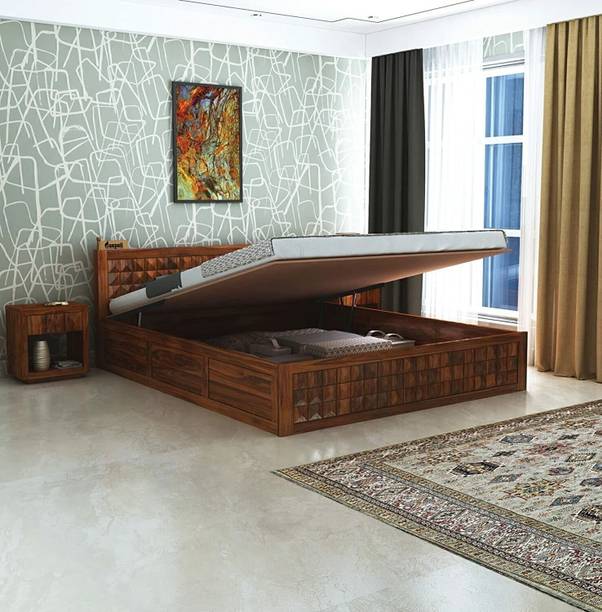 Ganpati Arts Sheesham Wood Oslo Diamond Bed Living Room Double Bed/Cot (with Hydraulic ) Solid Wood King Hydraulic Bed, 187.96 cm x 208.78 cm (6.17 ft x 6.85 ft)