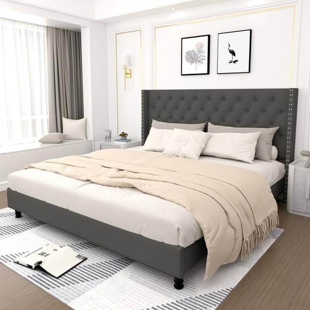 Klenta Home Decor Fabric Upholstered King Size Bed With Button Tufted Headboard For Bedroom || Solid Wood King Bed