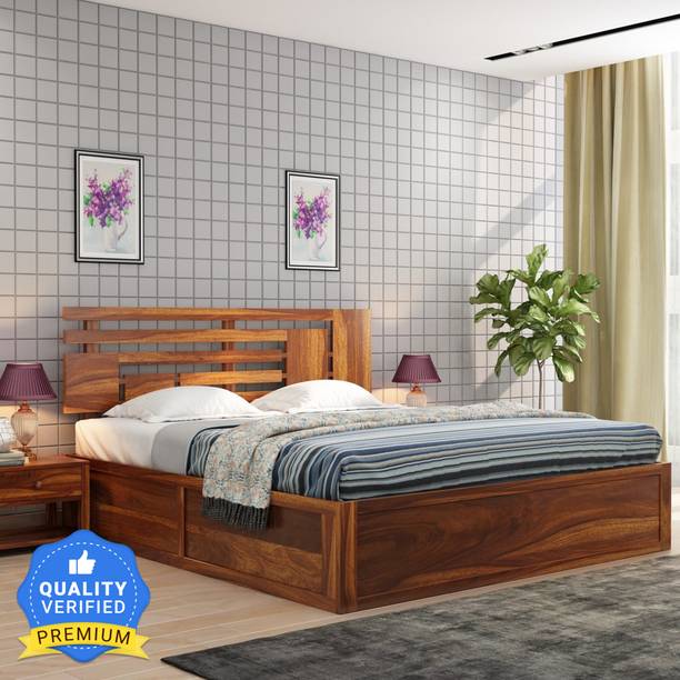 PlusOne Borneo Bed With Hydraulic Storage (King Size, Teak Finish) Solid Wood King Hydraulic Bed